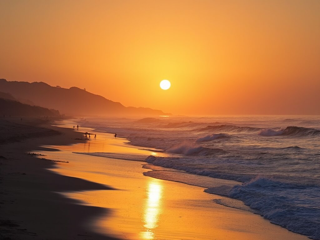 Golden hour at Huntington Beach with long shadows and warm orange light, calm ocean reflecting the sunset and people enjoying the serene evening.