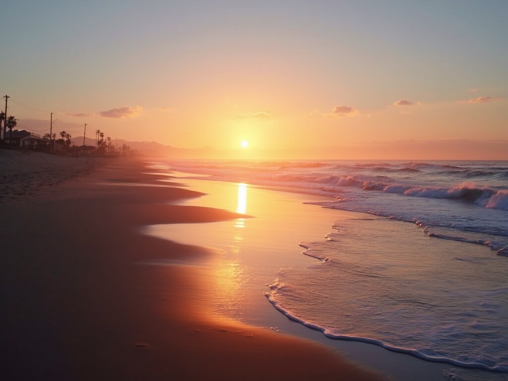 Golden hour at Huntington Beach with long shadows on the sand, perfect waves, and a sky transitioning from blue to orange and pink, in photorealistic 8k quality