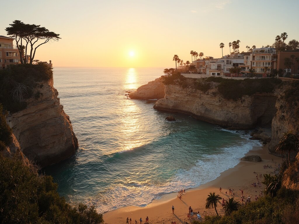 Panoramic view of La Jolla Cove at sunset with sun descending behind rugged cliffs, calm turquoise waters, swaying palm trees, and beachgoers in 75-degree weather