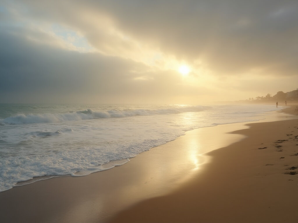 Early morning at Huntington Beach with gentle waves, marine fog, and golden sunlight piercing through clouds over near-empty beach, 8k photography