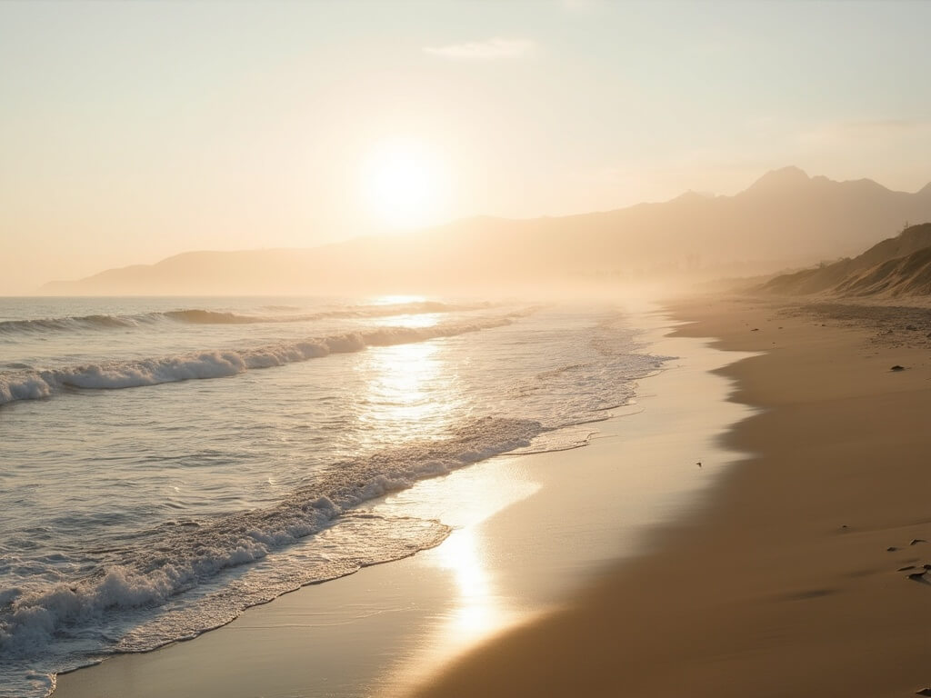 Serene coastal landscape at golden hour at Huntington Beach with gentle waves, sandy beach, distant fog banks, and warm sunlight creating long shadows