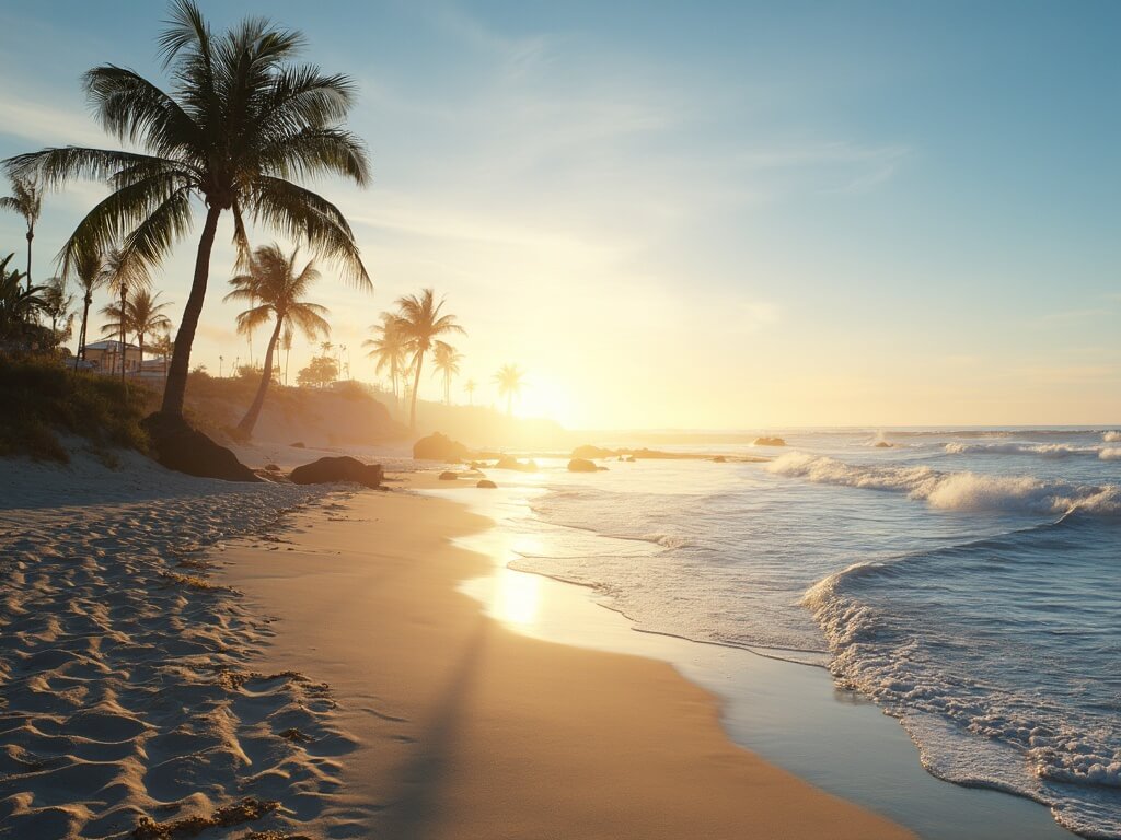 Photorealistic image of a serene San Diego beach during golden hour with gentle waves, swaying palm trees and wispy clouds under a clear blue sky