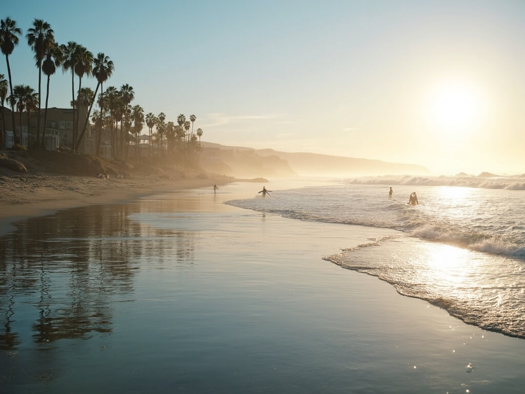 Early morning surfers paddling out in glass-like ocean at Goldenwest Street with palm trees lining the beach and long shadows cast by the sun