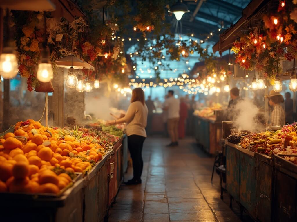 Vendors preparing food at food stalls in a bustling Grand Central Market, with colorful summer produce displays, hanging lights and warm ambient lighting.