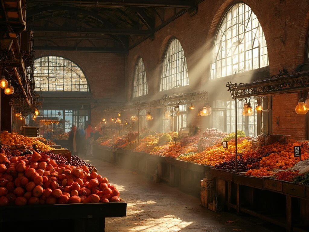 Early morning at Grand Central Market highlighting historic art deco windows, fresh fall harvest displayed on stands with golden persimmons, purple pomegranates, autumn squash, exposed brick walls and industrial beams illuminated by atmospheric rays of sun.