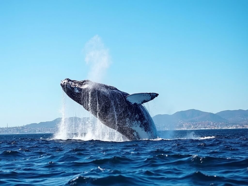 Massive gray whale breaching ocean surface with water cascading off its body and mist spraying from blowhole, San Diego coastline in the distant background.