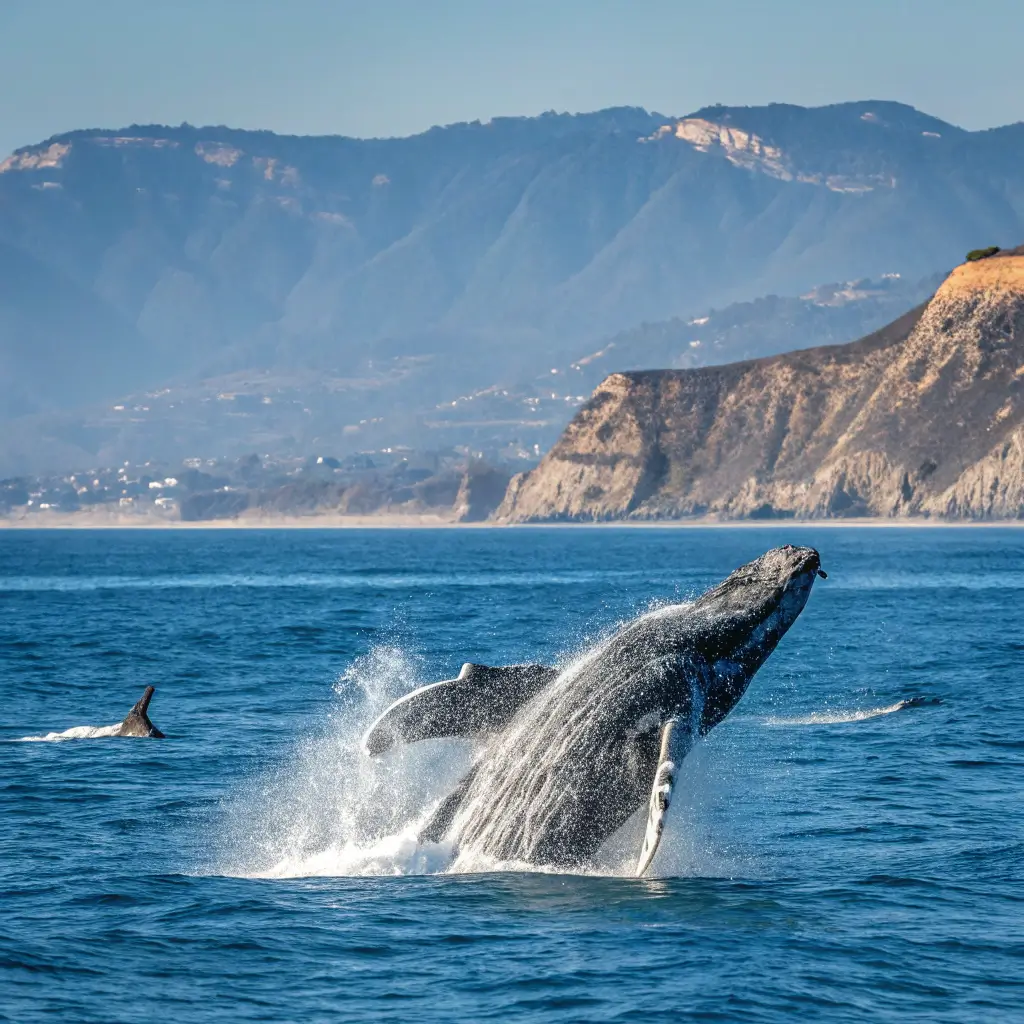Gray whale breaching in blue Pacific Ocean off Malibu coastline with distant rocky cliffs of Point Dume in morning marine layer atmosphere