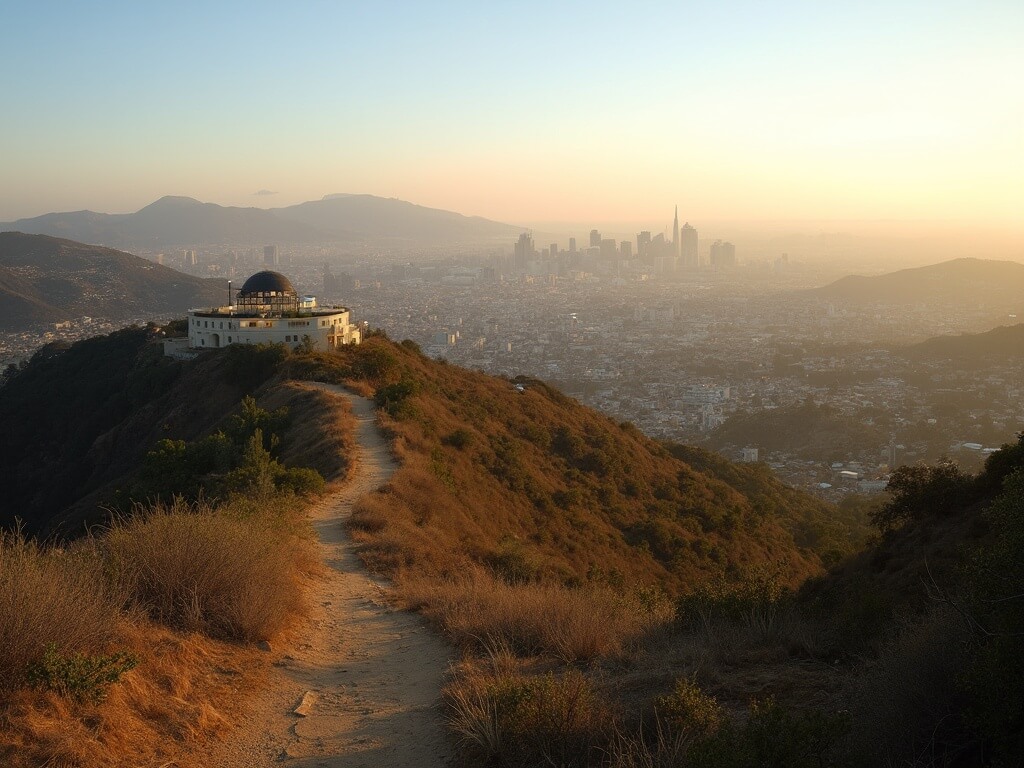 Panoramic view of Los Angeles cityscape from Griffith Observatory hiking trail at dawn with Hollywood sign in the distance and sunlit hills.