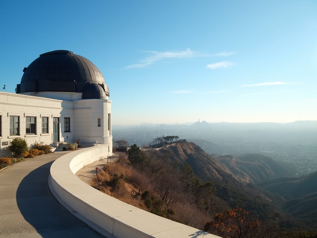 Griffith Observatory on a clear November morning featuring art deco architecture, the Hollywood sign in the distance and Los Angeles cityscape below