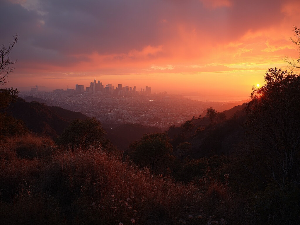 Dramatic sunset over downtown Los Angeles viewed from a secluded trail in Griffith Park, with chaparral vegetation in the foreground and the Hollywood Sign in the distance.