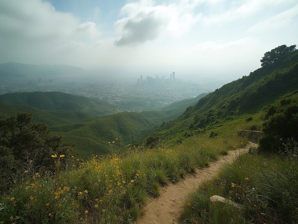 Dramatic hiking trail view from Griffith Park showing green hillsides, California wildflowers, winding path, and distant view of downtown LA under clear winter air and wispy clouds.