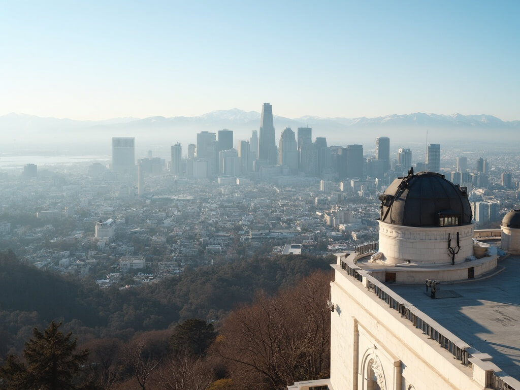 Expansive cityscape view from Griffith Observatory, with clear view of LA skyscrapers and snow-capped San Gabriel Mountains, under soft morning light