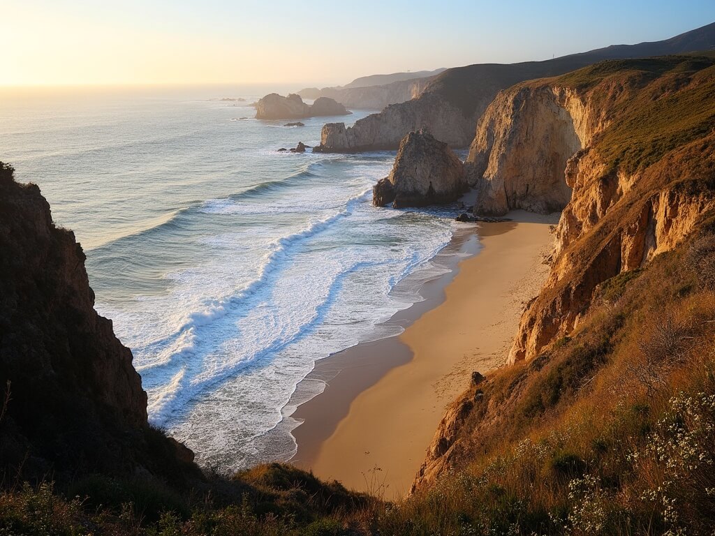 Dramatic cliffs and sandy beach of Half Moon Bay during golden hour with waves, sea spray and natural rock formations illuminated by light