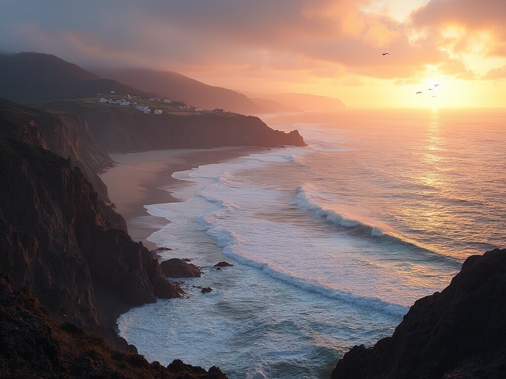 Saturated sunset over Half Moon Bay with rugged cliffs, crashing waves, sandy beaches and soaring sea birds