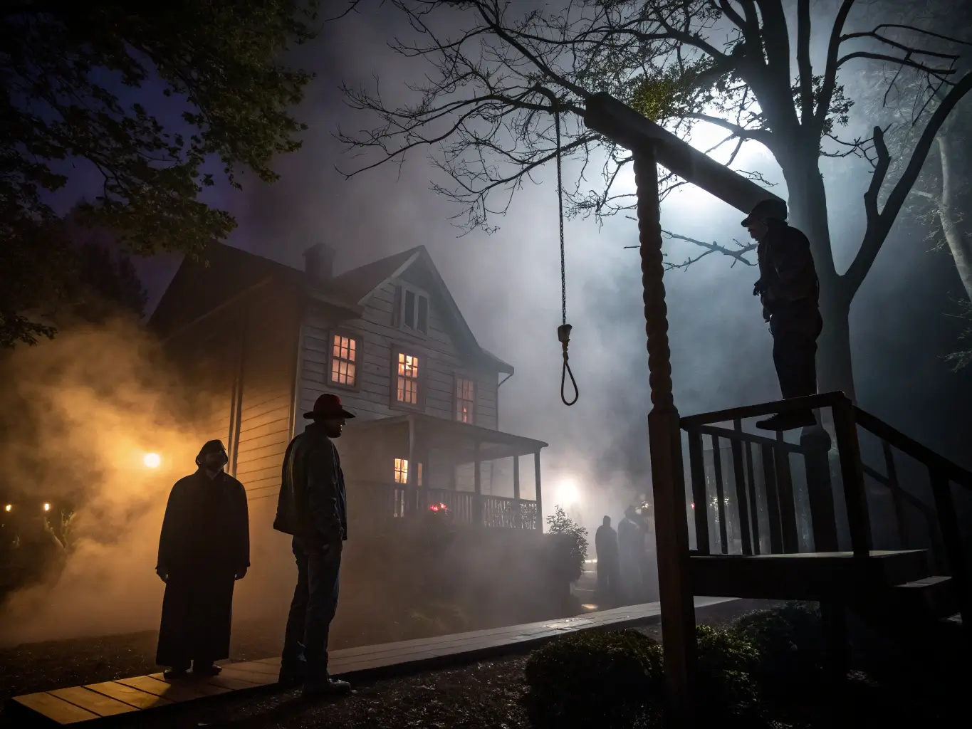 Haunted house attraction at night surrounded by eerie fog and shadowy figures, invoking suspense and anticipation