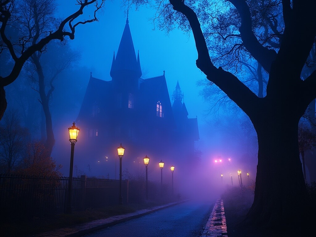 Nighttime view of Universal Studios Halloween Horror Nights featuring a foggy Victorian mansion under blue and purple lights, vintage streetlamps and twisted trees casting shadows.