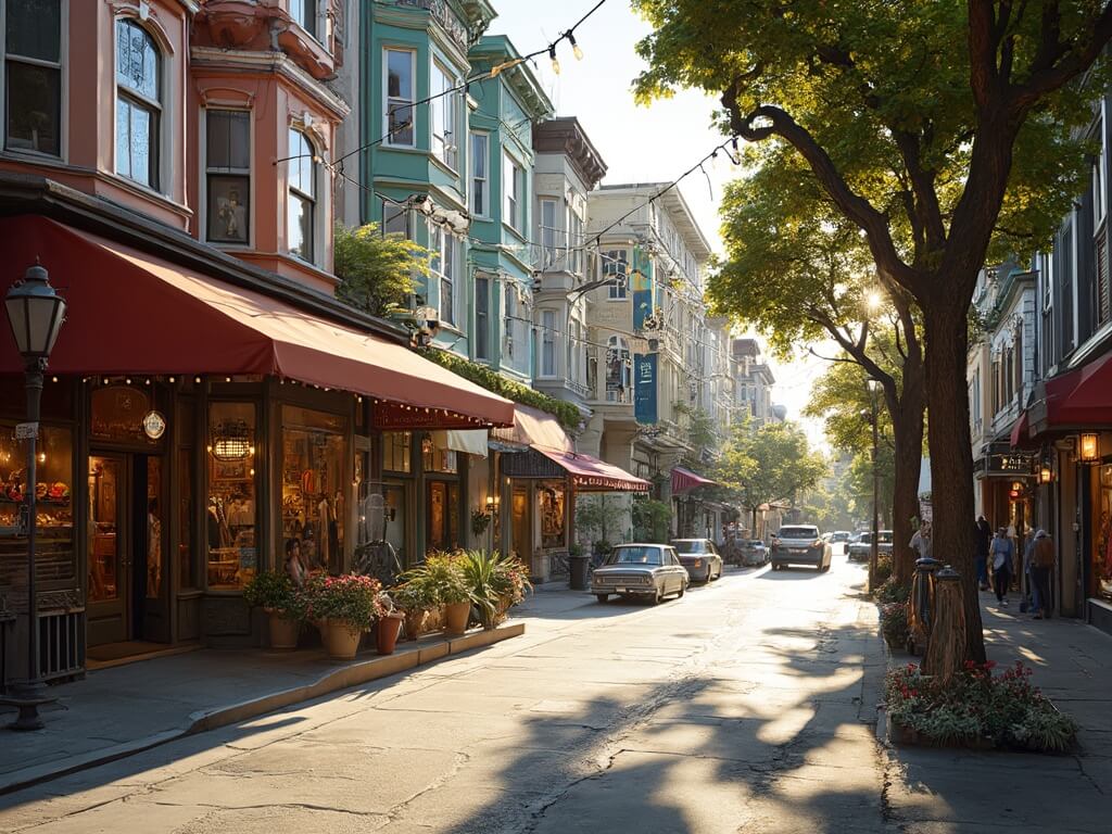 Colorful Victorian-style buildings, boutique storefronts, and outdoor café seating on a vibrant urban street in Hayes Valley, enhanced by warm afternoon light and string lights overhead