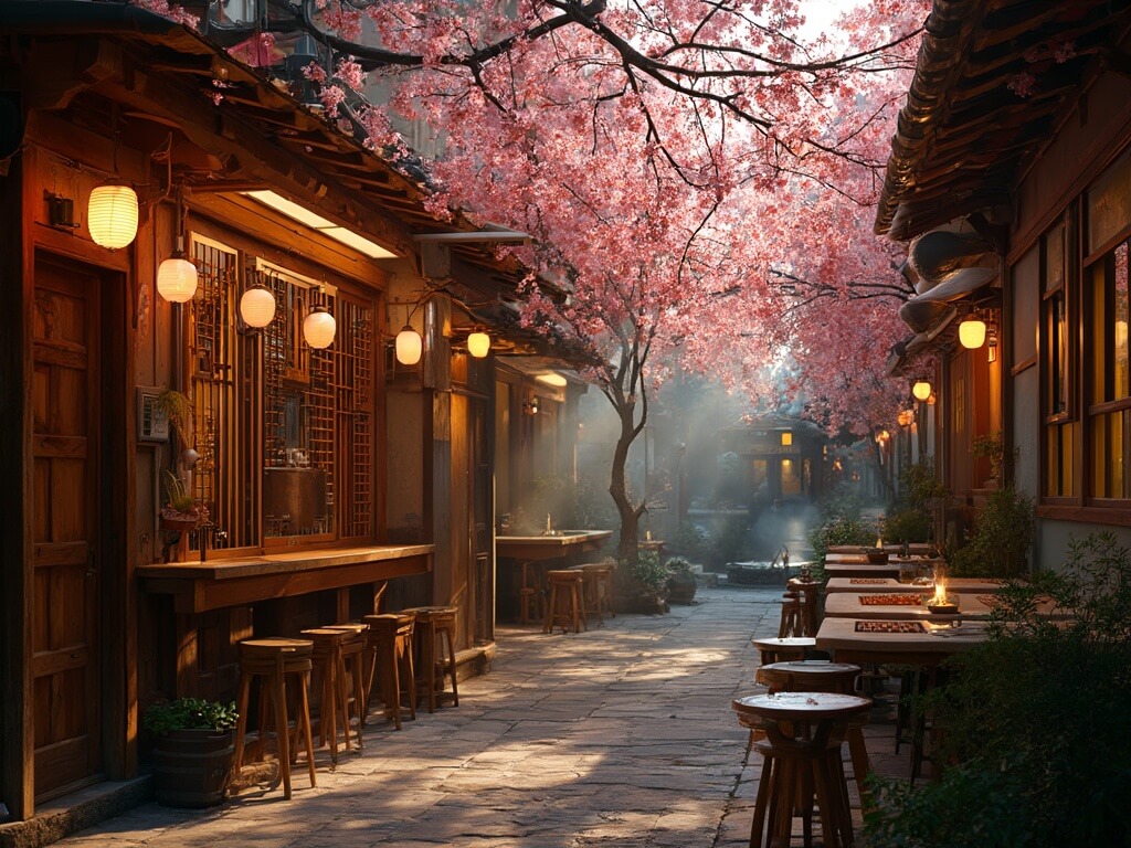 Hidden patio of a traditional Japanese Yakitori restaurant in Little Tokyo with paper lanterns, bamboo screens, intimate wooden seating, cherry blossoms overhead, and smoke from charcoal grills in the evening light