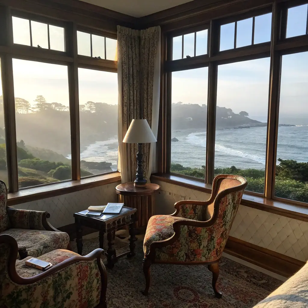 Cozy European-style Hofsas House hotel room with vintage furniture, large windows overlooking the misty Carmel coastline in serene winter atmosphere