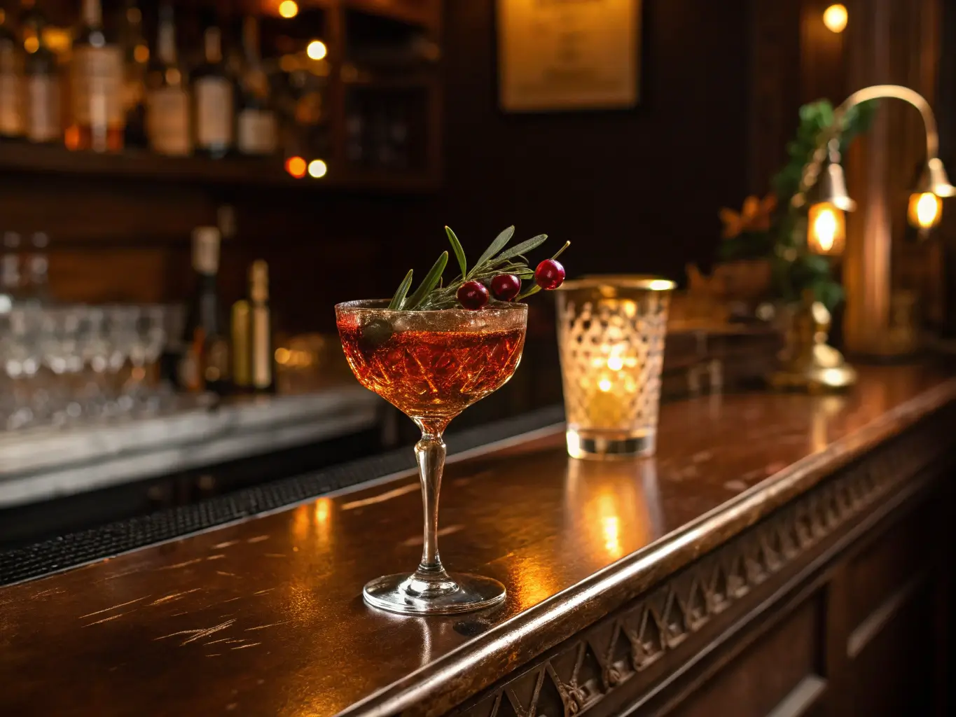 Vintage cocktail bar with amber lighting, holiday cocktail with winter berries and sage, crystal glassware, dark wood bar and brass fixtures