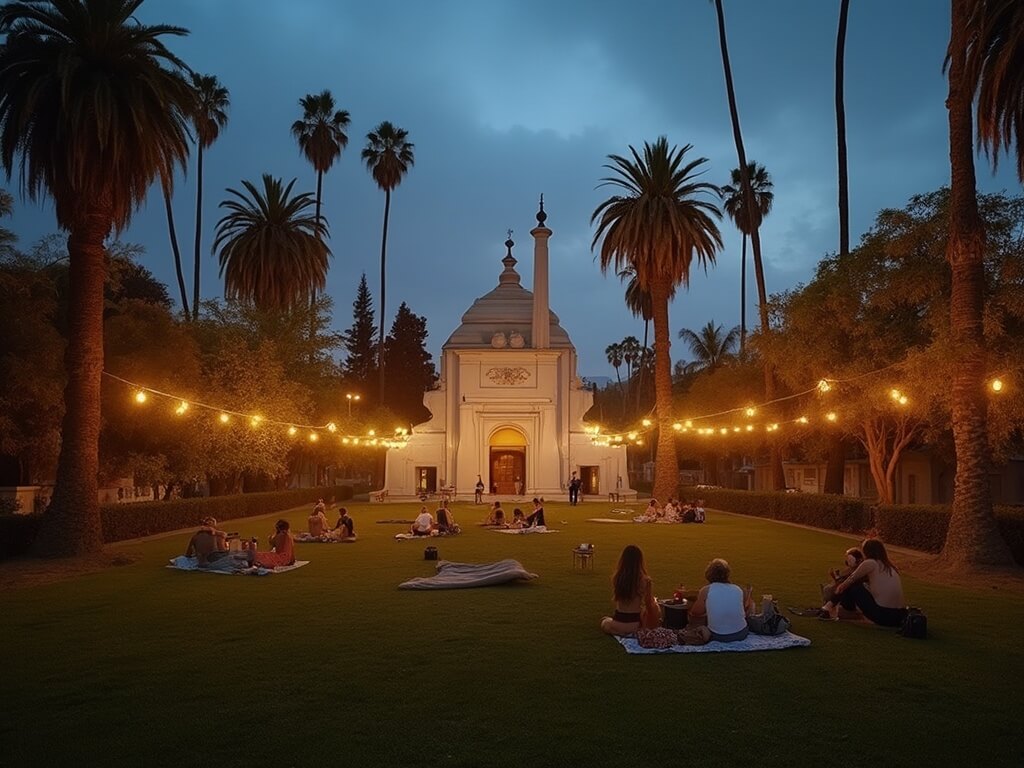 Picnickers relaxing on the vast lawn of Hollywood Forever Cemetery under the warm glow of vintage string lights, surrounded by historic mausoleums and palm trees at dusk