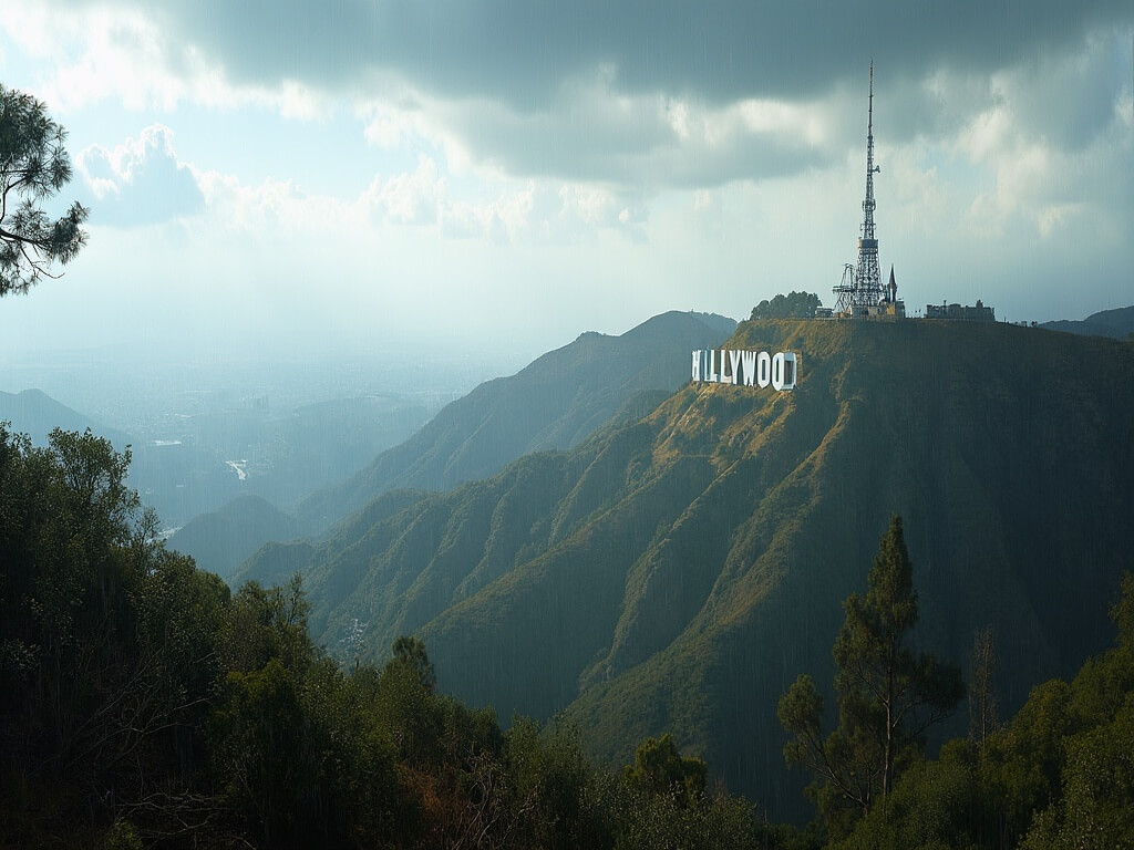 Hollywood Sign on green hills post-rain with rainbow, glistening foliage, drifting clouds, and bright blue sky, captured in a landscape style with natural lighting