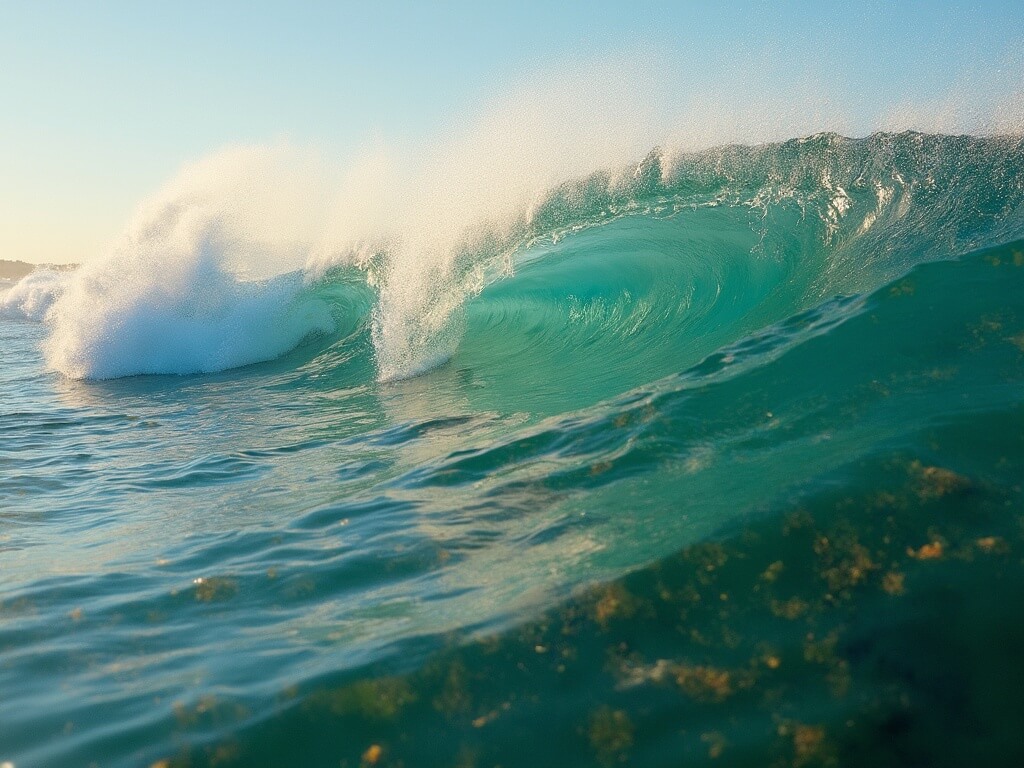 Golden hour light highlighting offshore spray from well-formed waves at Huntington Beach during crisp March surf conditions