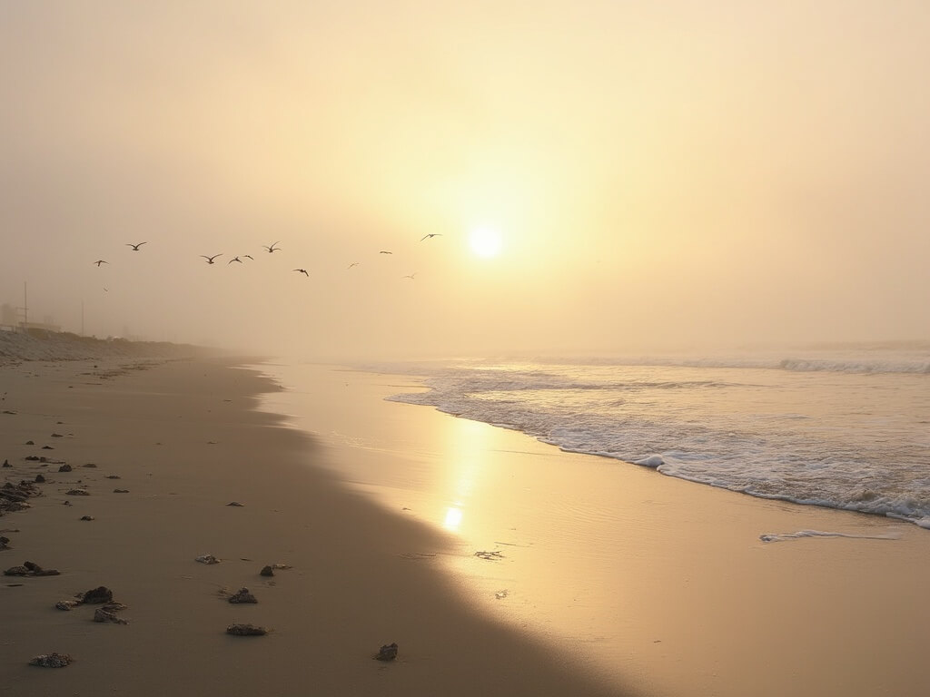 Sunrise over Huntington Beach with gentle waves, golden light filtering through mist, and seabirds over the water