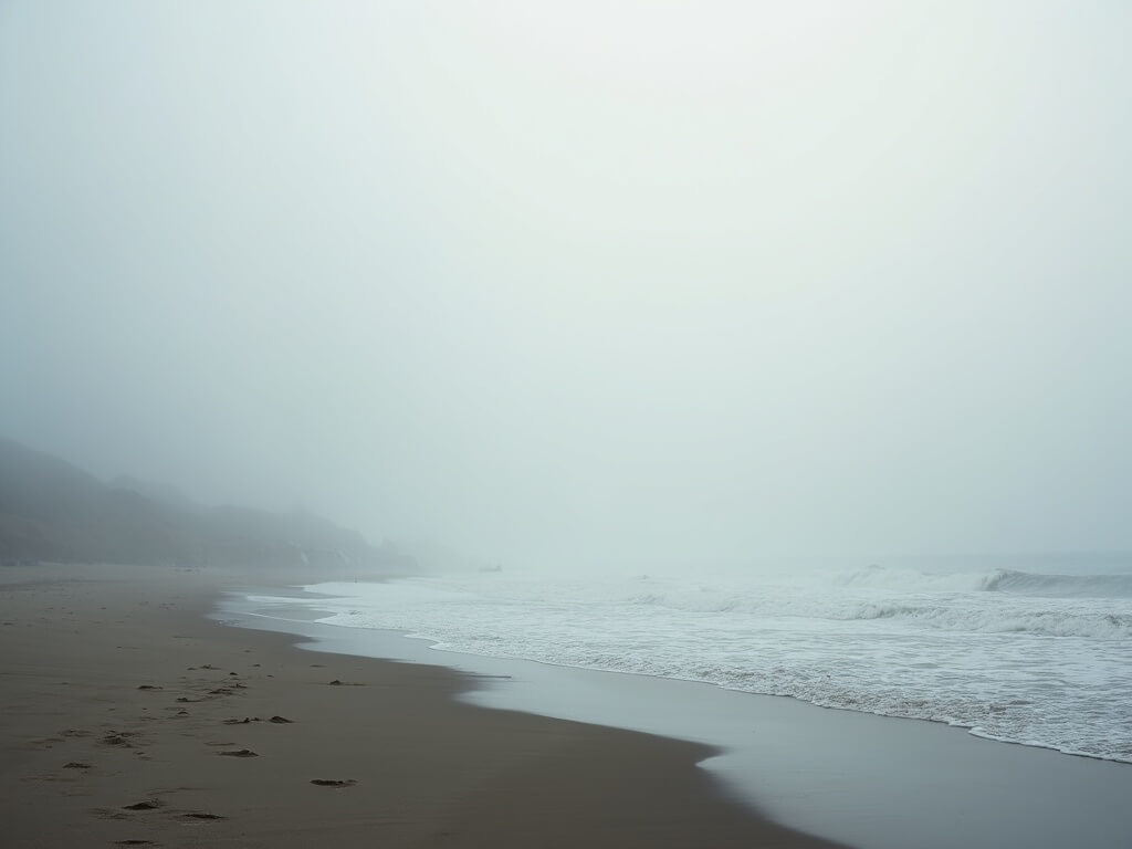 Ethereal morning fog over Huntington Beach with diffused light creating a moody silhouette of the coastline