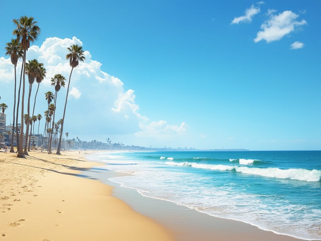 Mid-morning scenic view at Huntington Beach with clear blue sky, scattered clouds, swaying palm trees, calm ocean with small waves, and golden sand under bright sunlight.