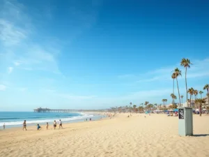 "Panoramic view of Huntington Beach with clear blue skies, cirrus clouds, calm ocean, Huntington Beach pier, less crowded beachgoers, swaying palm trees, surfer walking towards the water, and coastline visible in the distance."