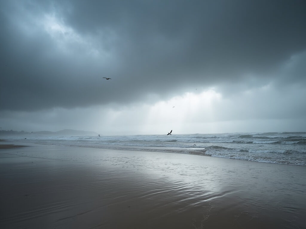 Dramatic beach landscape under dark clouds and light rain at Huntington Beach in February, with rippled wet sand, steel gray ocean, white-capped waves, and seabirds flying in the misty air