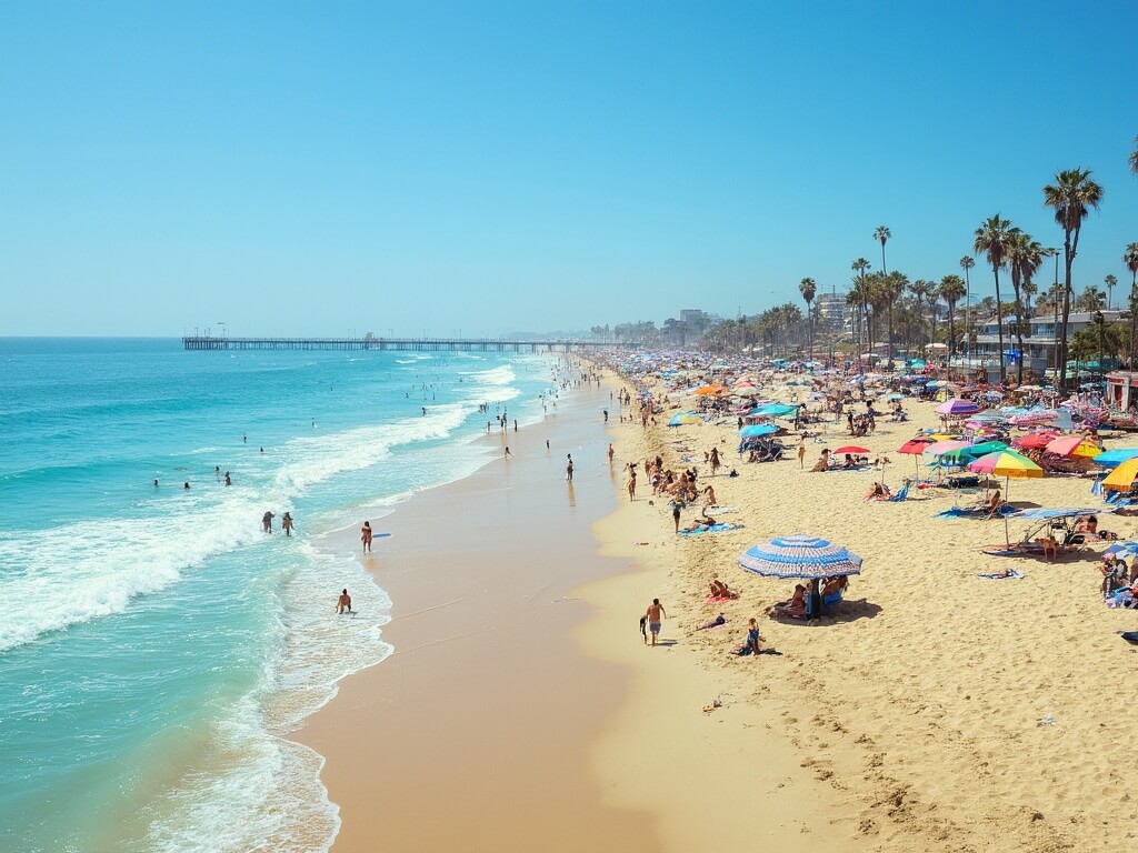 Vibrant mid-afternoon scene at Huntington Beach with clear blue water, golden sand, colorful umbrellas, swaying palm trees, beach loungers, distant surfers, and iconic pier against a clear sky