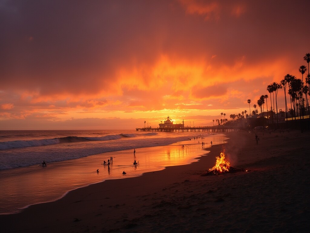 Dramatic sunset at Huntington Beach with bonfire, silhouetted palm trees, vibrant orange and purple sky reflecting on the ocean, pier in the background, and surfers catching waves in golden light.