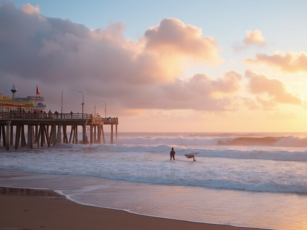 "Surfers riding winter waves at sunrise, with Huntington Beach's iconic pier, scattered golden-pink clouds, a possible distant whale spout and long beach shadows in view."