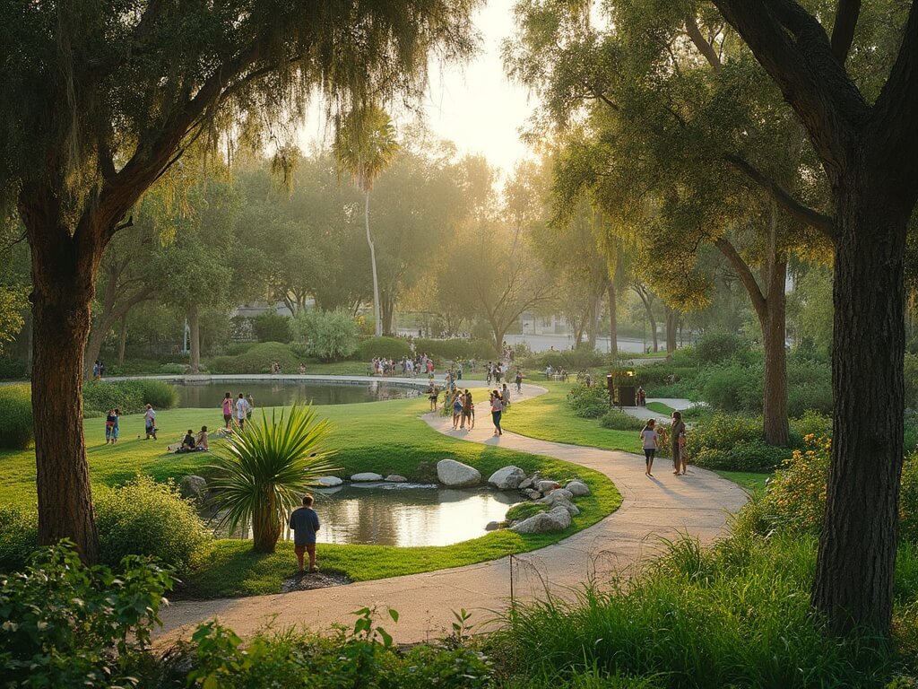 Lush greenery and winding paths at Huntington Beach Central Park during a warm afternoon, illuminated by sunrays filtering through the tree canopy