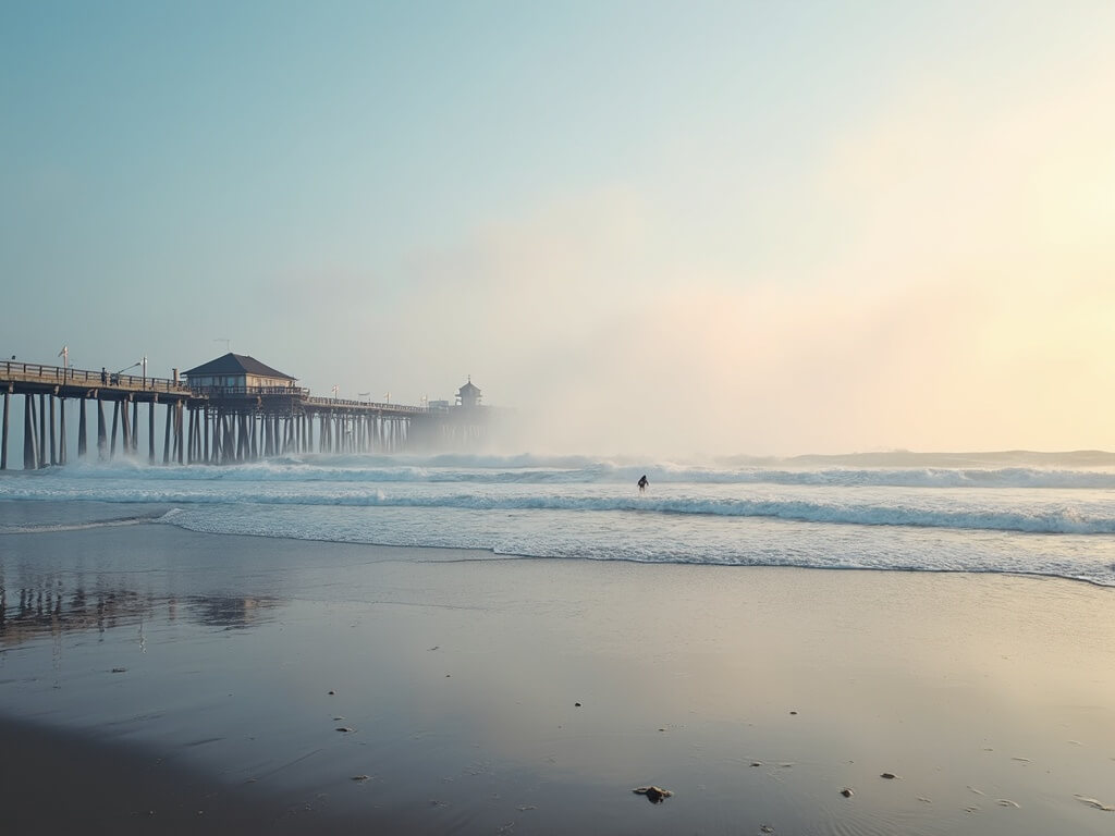 "Huntington Beach Pier at sunrise in February with calm ocean, early morning joggers, lone photographer with tripod, display of 51°F on beach kiosk, and looming rain clouds on horizon"