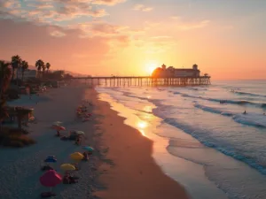 "Huntington Beach pier extending into the Pacific Ocean at sunset with surfers, beachgoers, and palm trees under a sky transitioning from orange to pink, temperature at 79°F and time showing 7:45 PM"