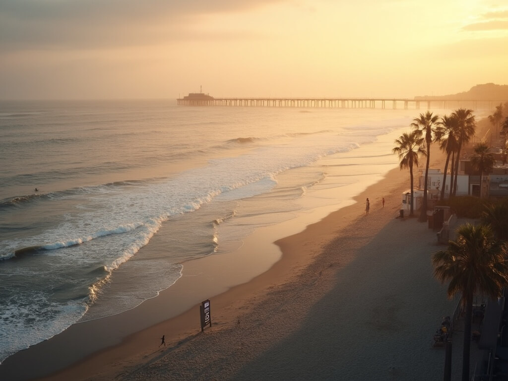 "Aerial sunrise view of Huntington Beach with pier stretching into the Pacific Ocean, surfers, and palm trees, in a photorealistic style with a temperature display at 55°F"