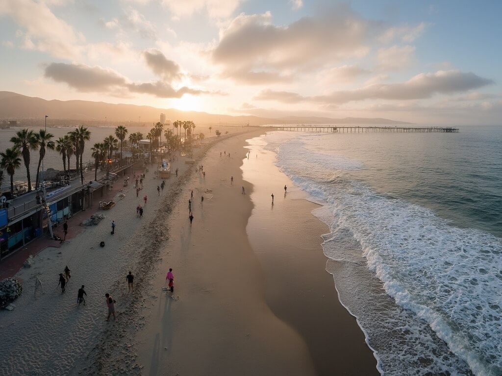 "Huntington Beach pier at sunset in March with golden light breaking through clouds, few people and surfers on the beach, calm ocean, swaying palm trees, and temperature display reading 65°F"