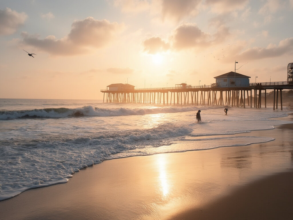 Winter morning at Huntington Beach Pier with surfers in gold-lit ocean, wooden pier stretching into distance, and seabirds on empty beach.