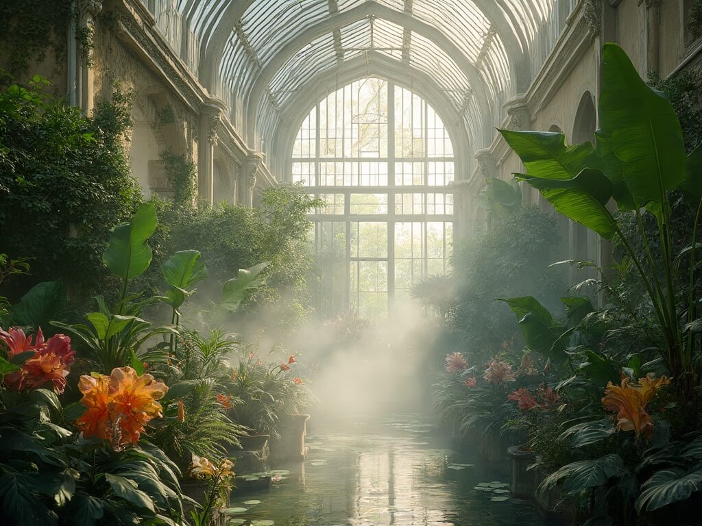 Serene morning at Huntington Library's botanical gardens with lush tropical plants, ornate Victorian glass ceiling, mist over exotic flowers and detailed architectural elements, illuminated by diffused natural light.