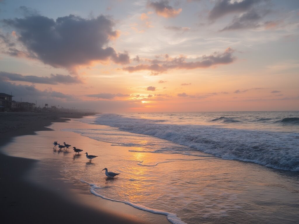 Winter sunset at Huntington Beach with unusual El Niño conditions, unique cloud formations, warmer waters with color variations and local shorebirds wading, depicting serene winter charm