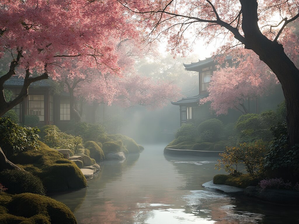 Early morning at the Japanese Friendship Garden in Balboa Park with fog clearing over blooming cherry blossoms and wisteria, wet leaves, koi ponds reflecting light, bonsai trees, and traditional Japanese structures.