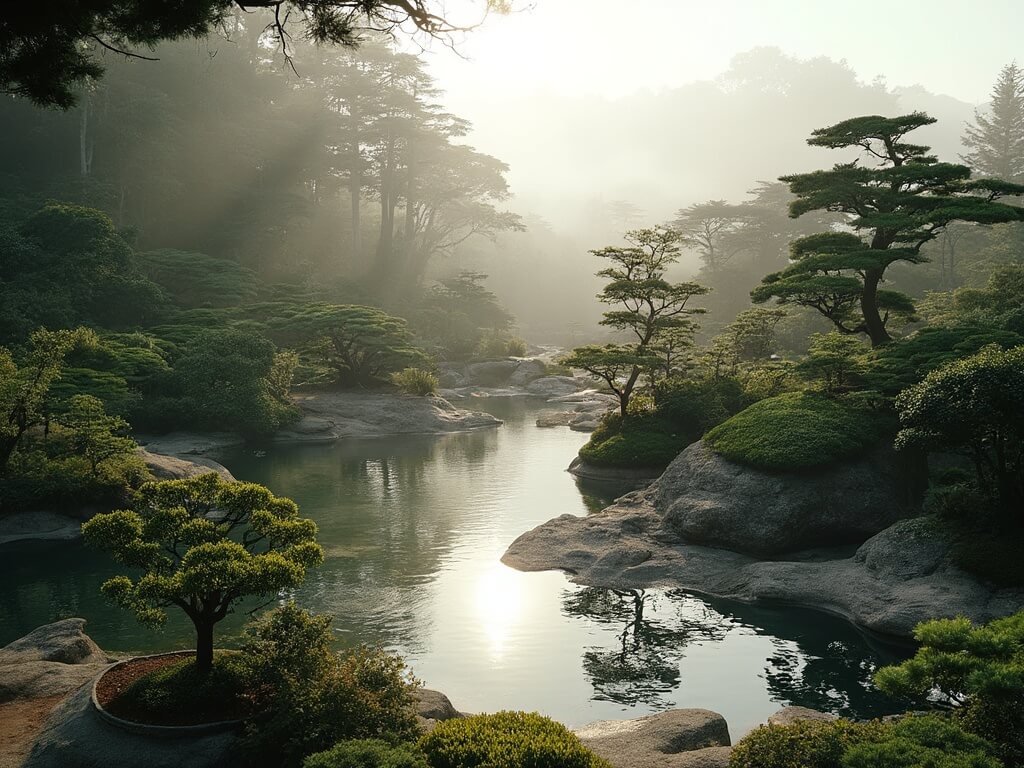 Early morning panoramic view of Golden Gate Park's Japanese Tea Garden featuring serene water features, traditional Japanese landscaping, and meticulously composed zen garden bathed in soft diffused light