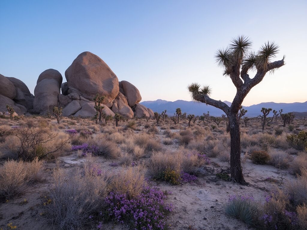 Dawn at Joshua Tree National Park with twisted trees, granite boulders, wildflowers in purples and yellows, long shadows and distant blue mountains