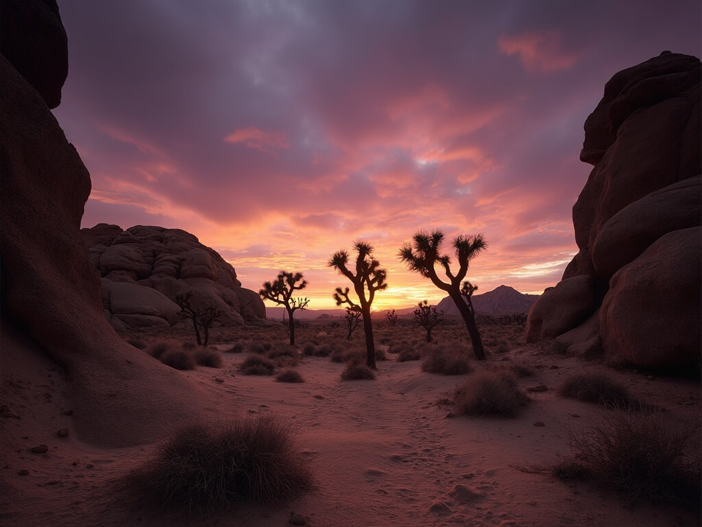 Dawn breaking over Joshua Tree National Park with silhouetted trees, gradient sky, rocky formations, and stretching shadows