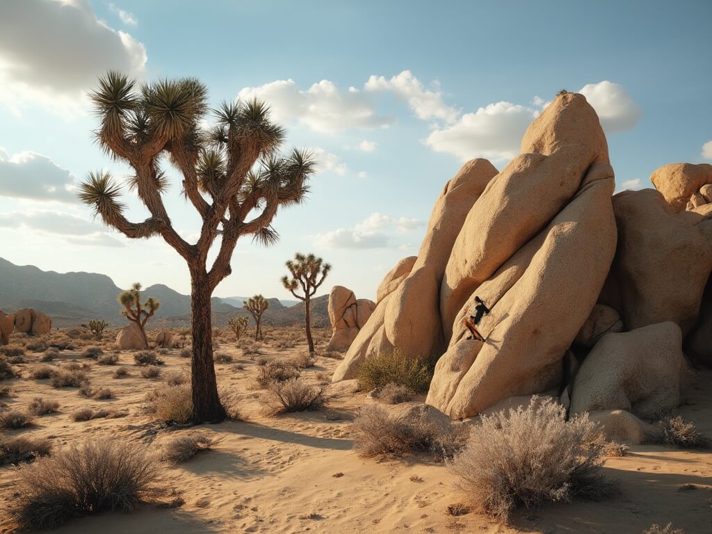 Rock climber ascending a massive granite boulder at golden hour in Joshua Tree National Park with Joshua Trees and scattered clouds in background.