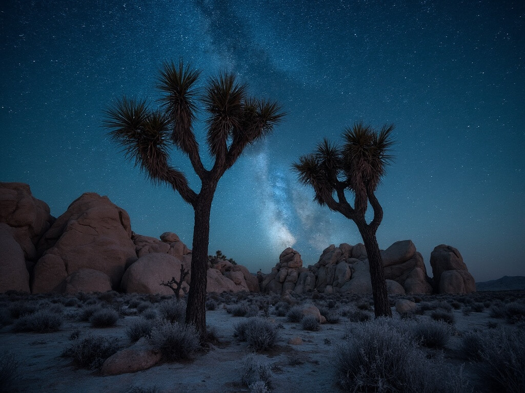 Nighttime winter view at Joshua Tree National Park with silhouetted Joshua trees, Milky Way starry sky, large granite boulder formations, and frost on desert ground