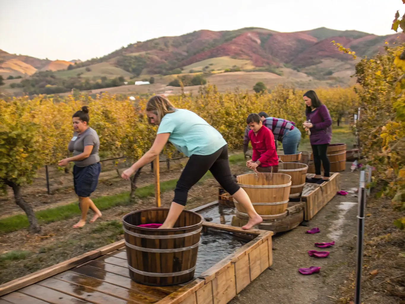 Participants stomping grapes barefoot at Julian Grape Stomp Festa in a wooden tub, amidst rustic apple orchards and rolling California hills in autumn colors